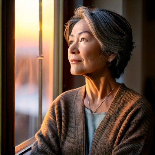 夕暮れ時に一人でたそがれる女性の横顔